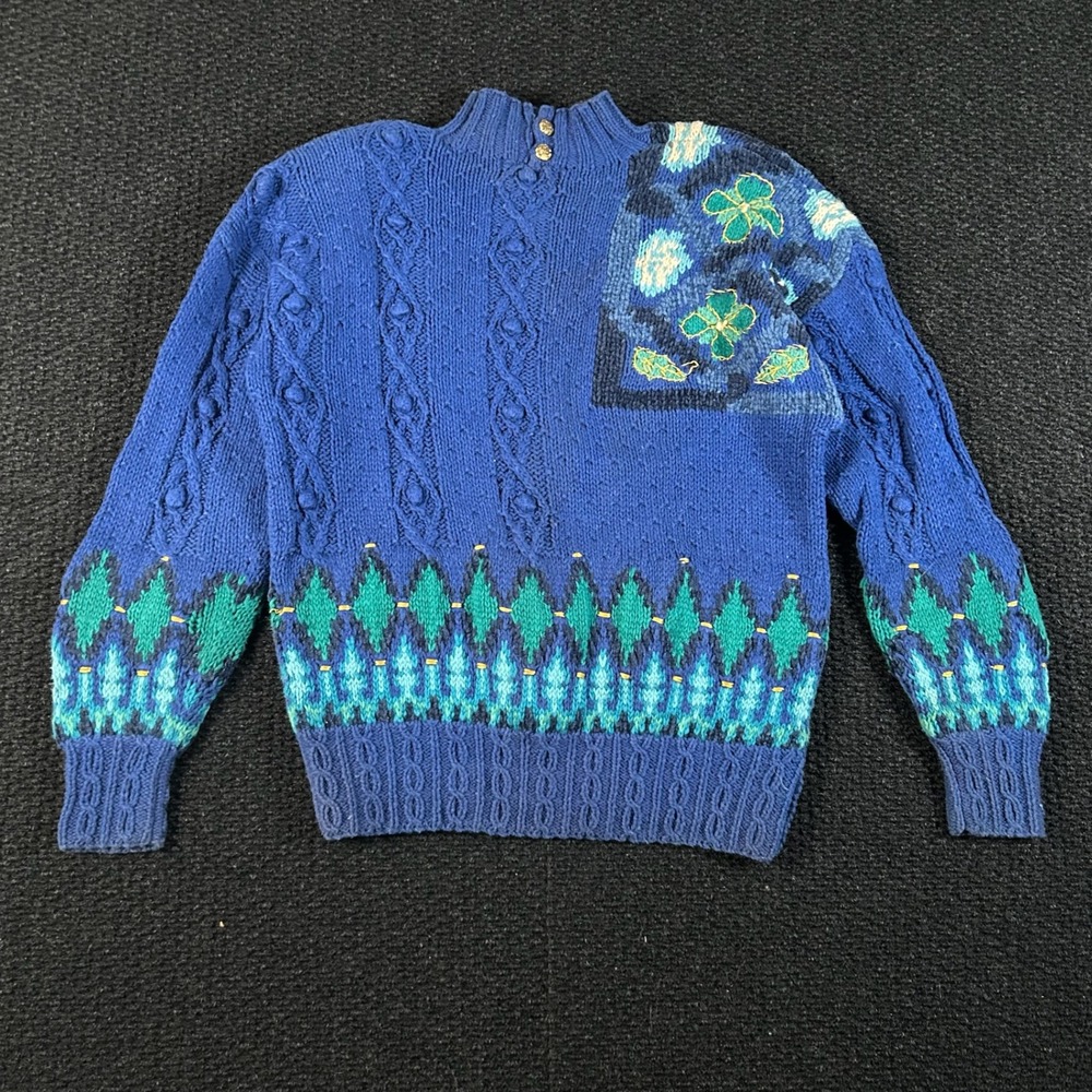 Jennifer Reed Knitted By Hand Blue‎ Floral Pattern Sweater Women's Size Large